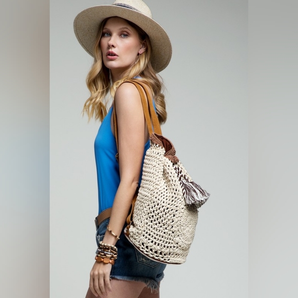 Handmade Crocheted Boho Backpack - Bucket Style - Cloth Backed Leather Straps - Picture 3 of 11